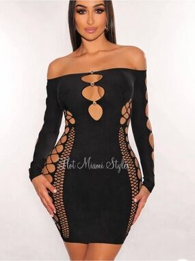 Hot Miami Styles Black Off-Shoulder Cutout Long Sleeve Bodycon Dress